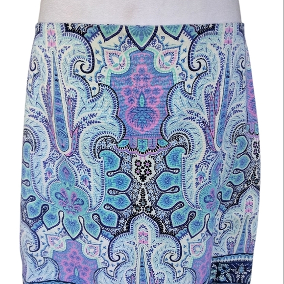 Talbots Bright Colorful Pink Blue Mandala Print Cotton Blend Midi Skirt Size 10 - Picture 3 of 8
